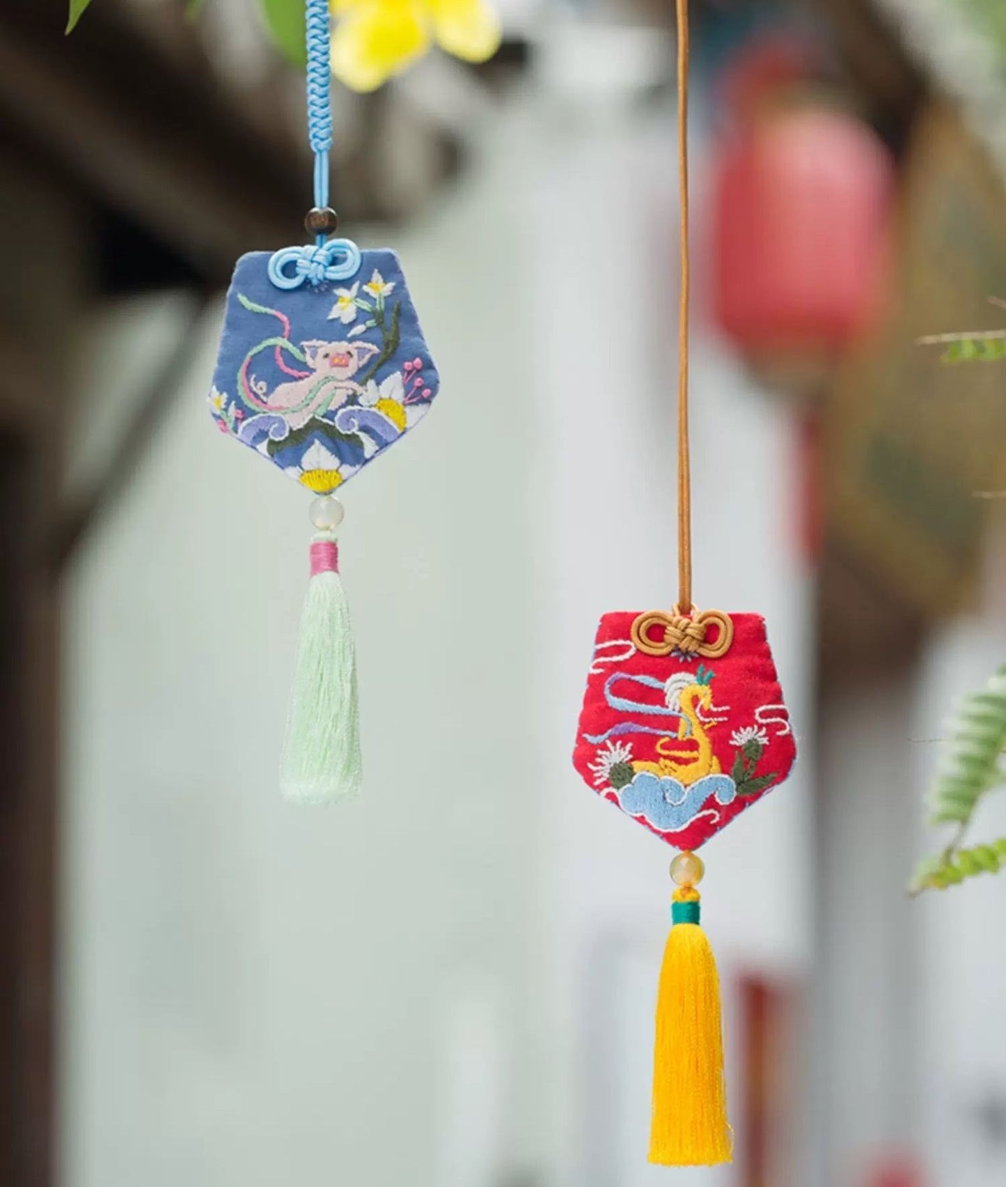 image displaying the pig, dragon Chinese Zodiac Amulet Fortune Charm Hand Embroidery Kits hanging