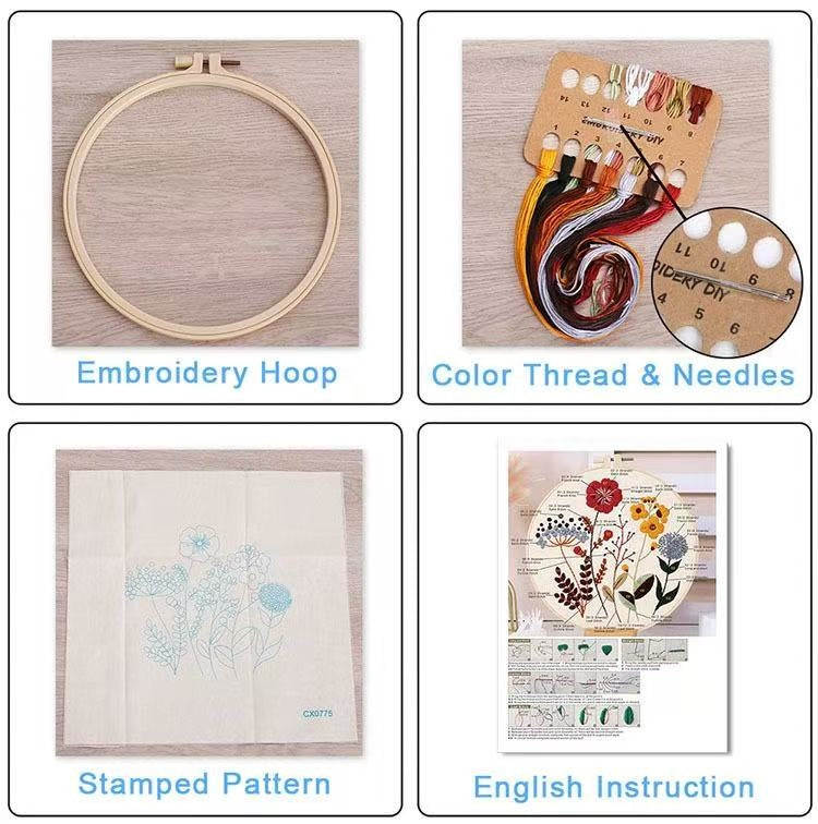 Collage of embroidery supplies including an embroidery hoop, color thread & needles, stamped pattern, and English instruction.