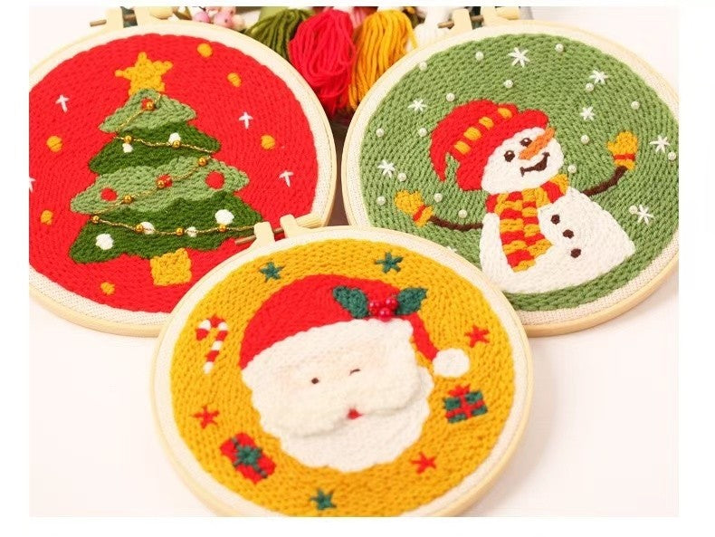 Christmas Punch Needle Embroidery Kit with festive designs including Santa, snowmen, and Christmas tree