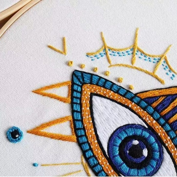 Close-up of an embroidered eye design with blue and orange threads on a white background.