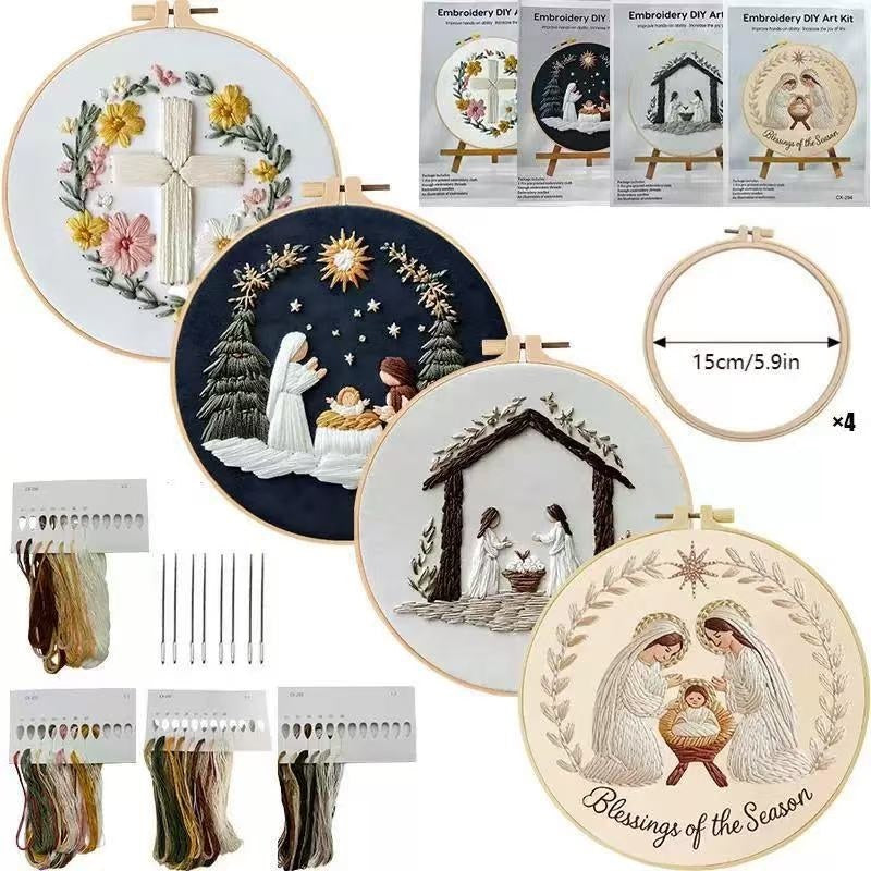 Embroidery kit with cross-stitched designs of religious scenes, including a nativity scene and angelic figures.