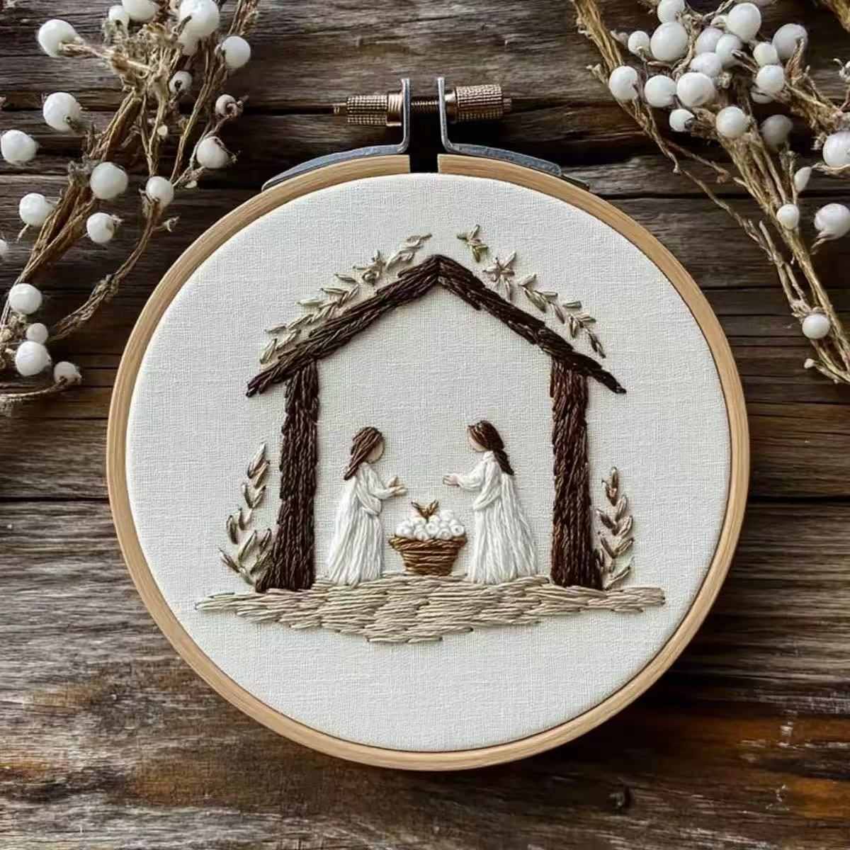 Embroidery hoop with a nativity scene design