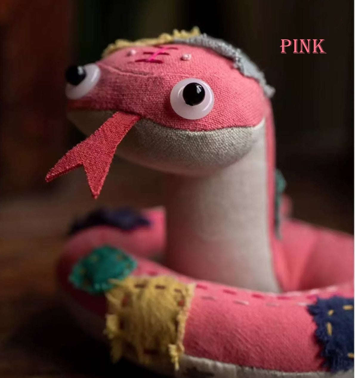 Handmade Cute Snake Good Luck Doll in Pink with Embroidery and Patchwork