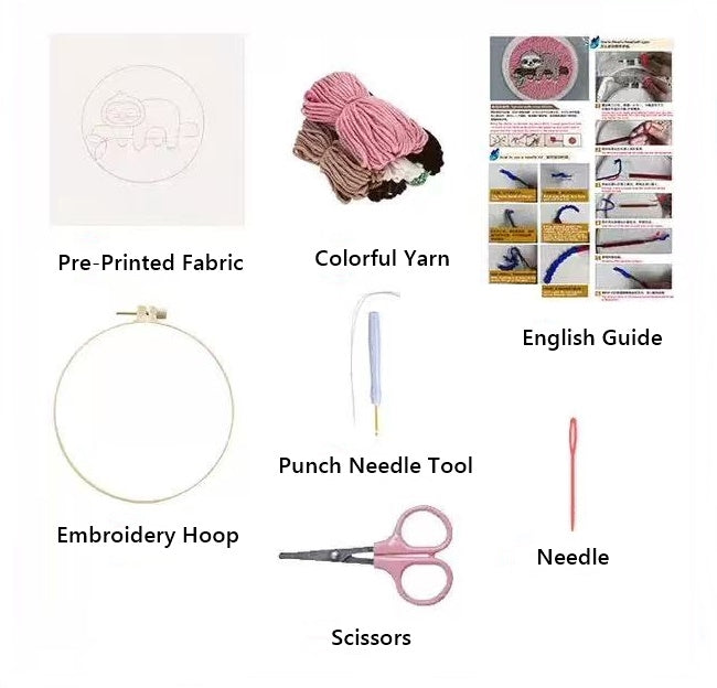 Collection of embroidery tools including pre-printed fabric, colorful yarn, embroidery hoop, punch needle tool, scissors, and needle on a white background.