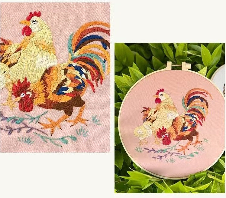 Embroidery hoop with rooster design on a pink background