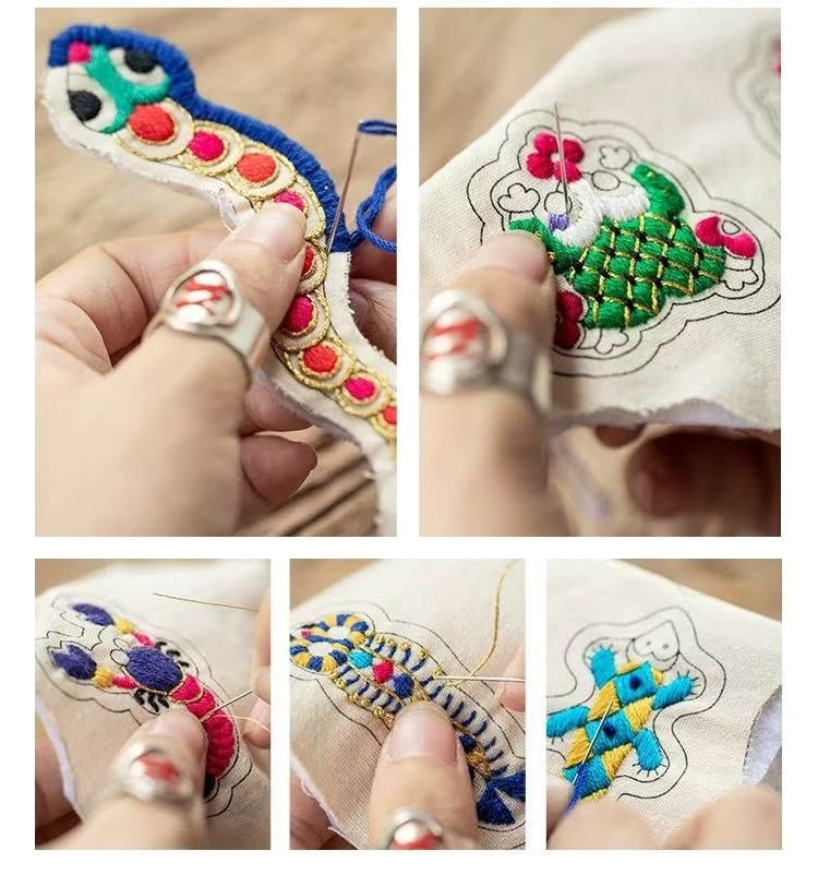 Collage of hand embroidery process with colorful five poisonous creatures designs on fabric.