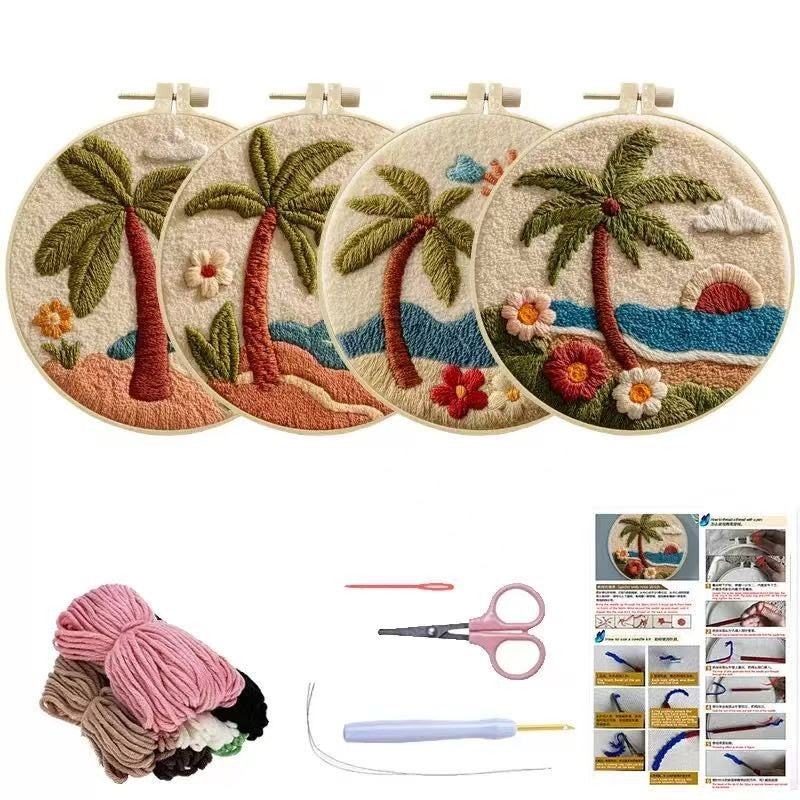 punch needle Embroidery hoops with palm tree designs, yarn, scissors, and a needle