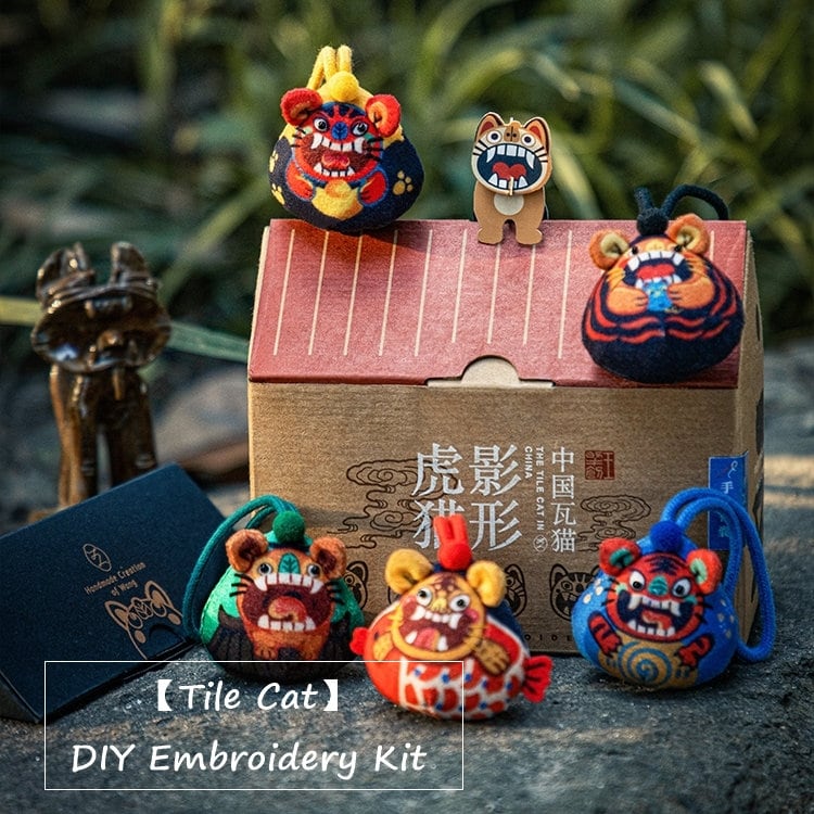 Unique New Year Gift Chinese Toy Tile Cat Tiger DIY Embroidery Kit Auspicious Doll Best Wishes Handmade Good Luck Gift with tutorial video