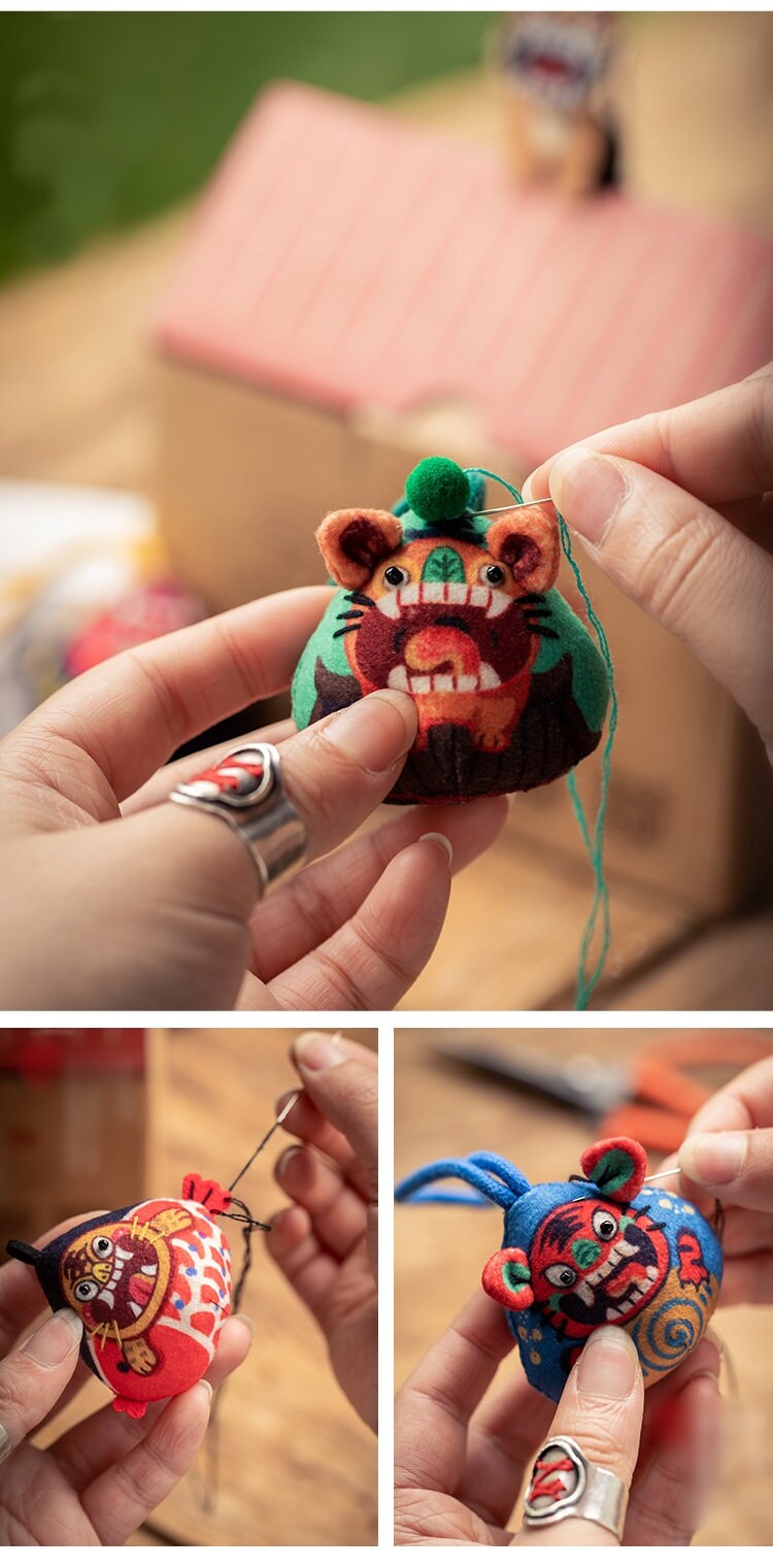 Unique New Year Gift Chinese Toy Tile Cat Tiger DIY Embroidery Kit Auspicious Doll Best Wishes Handmade Good Luck Gift with tutorial video