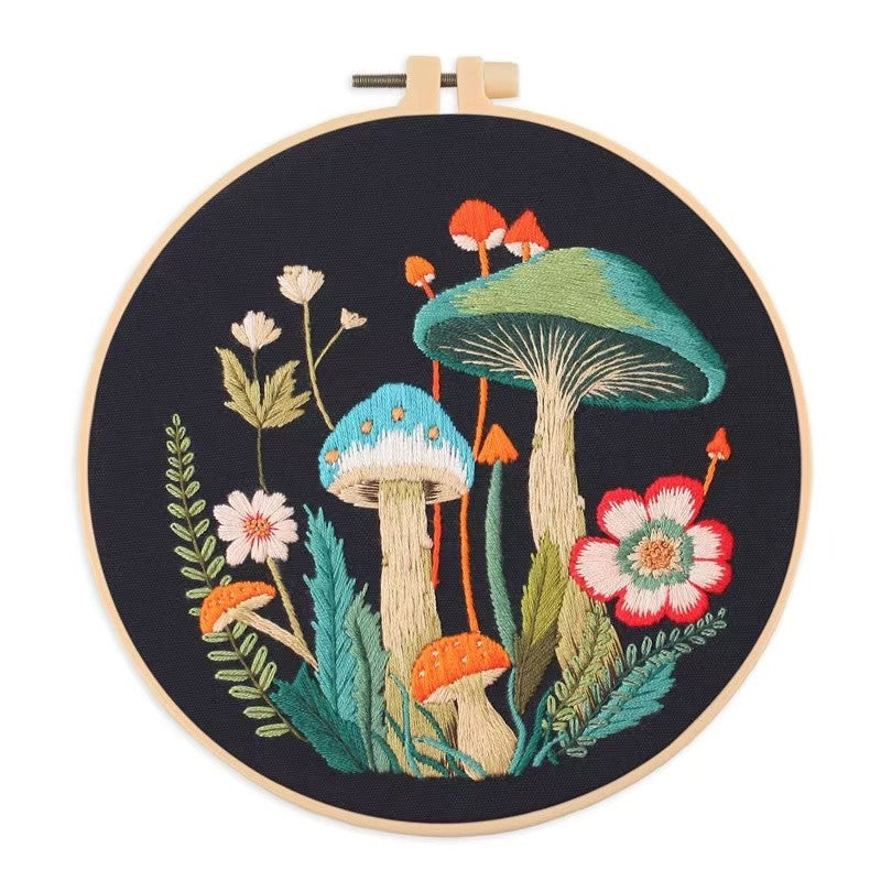 image displaying the embroidered Mushroom DIY Hand Embroidery Kit in white background