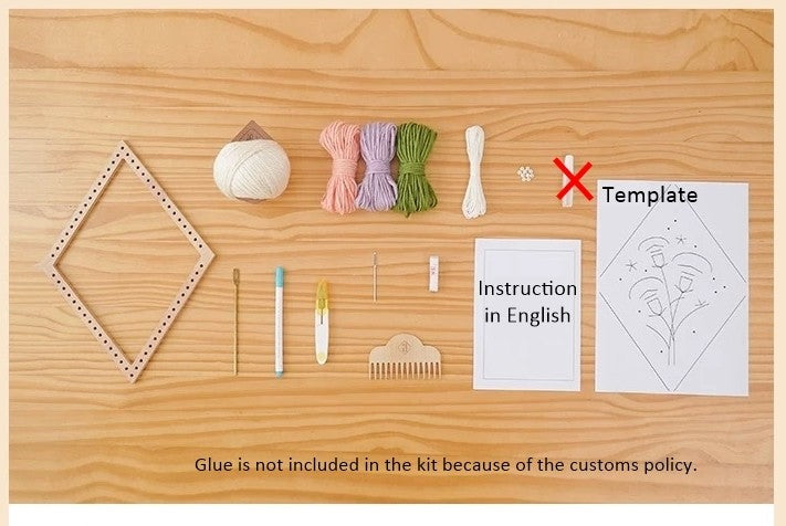 image displaying the spread out of the Carnation Flower Weaving Kit, including yarns, tools, frame and instruction