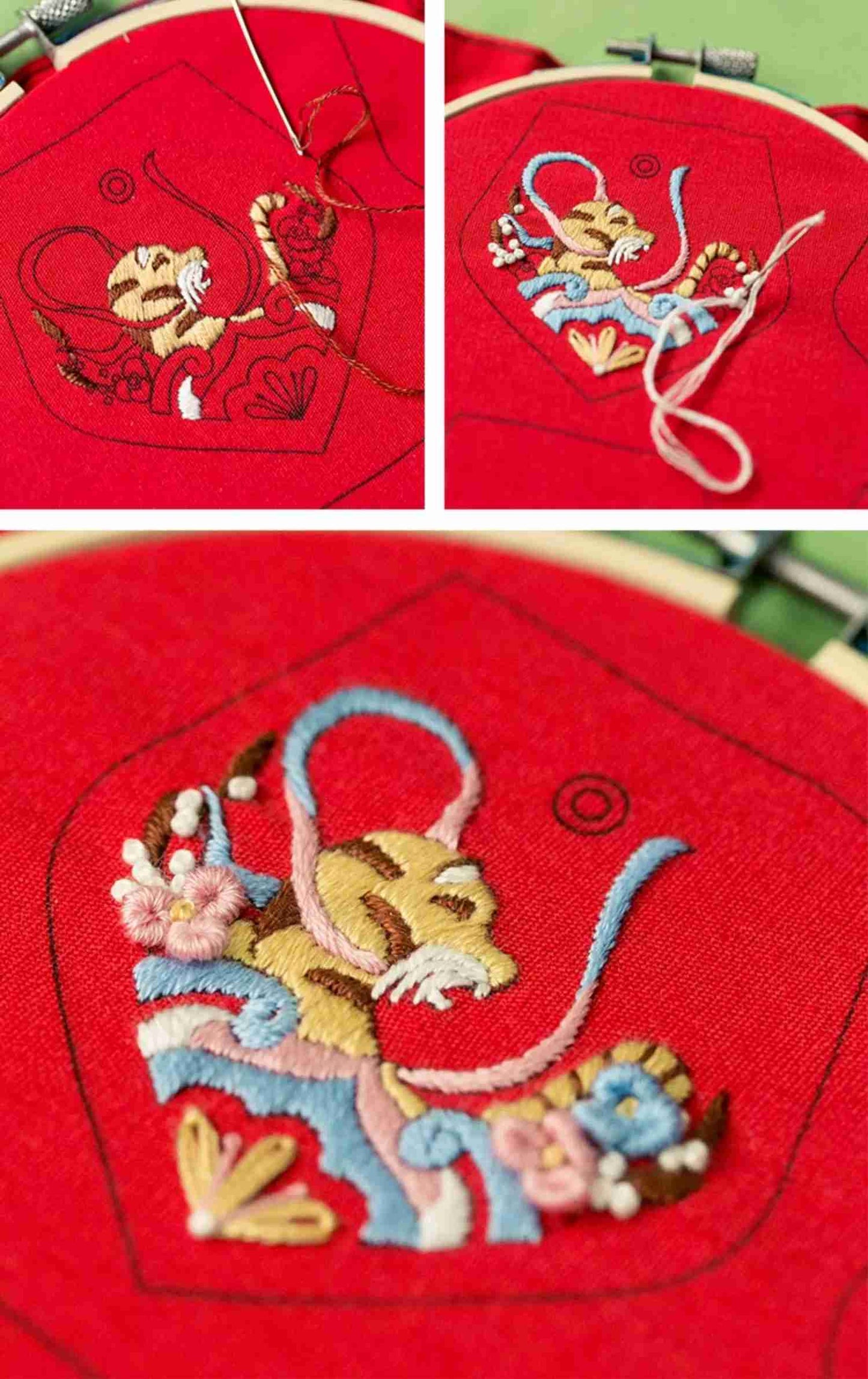 image displaying close-up of the Chinese Monkey Zodiac Amulet Fortune Charm Hand Embroidery Kits in the embroidery hoop