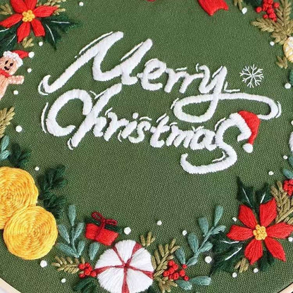 close-up of the finished Christmas wreath DIY hand embroidery kit