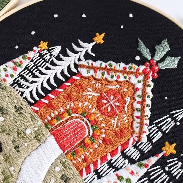 close-up of the finished Christmas Santa's Wrokshop DIY hand embroidery kit