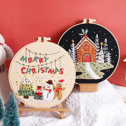 Christmas DIY hand embroidery kit bundle, including Christmas wreath, Santa's Workshop, Christmas tree, Snowman and gingerbread designs