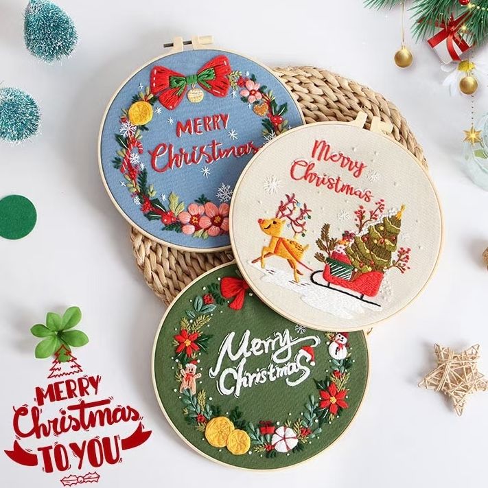 Christmas DIY hand embroidery kit bundle, including Christmas wreath, Santa's Workshop, Christmas tree, Snowman and gingerbread designs