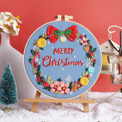 blue Christmas wreath in the Christmas series DIY hand embroidery kit