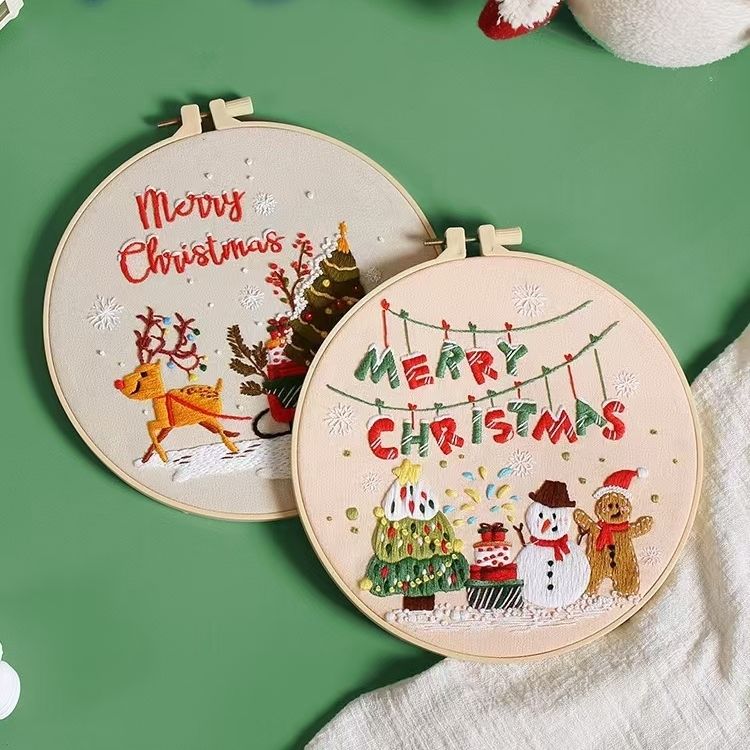 Christmas DIY hand embroidery kit bundle, including Christmas wreath, Santa's Workshop, Christmas tree, Snowman and gingerbread designs