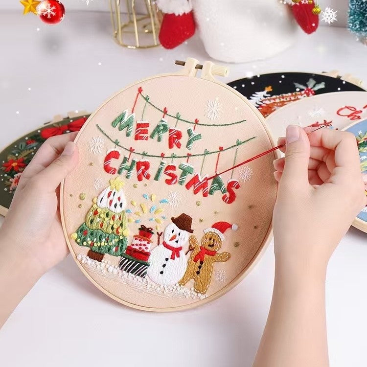 hand embroidering the Christmas DIY hand embroidery kit