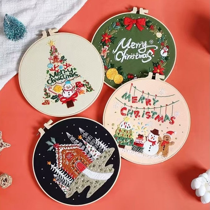 Christmas DIY hand embroidery kit bundle, including Christmas wreath, Santa's Workshop, Christmas tree, Snowman and gingerbread designs