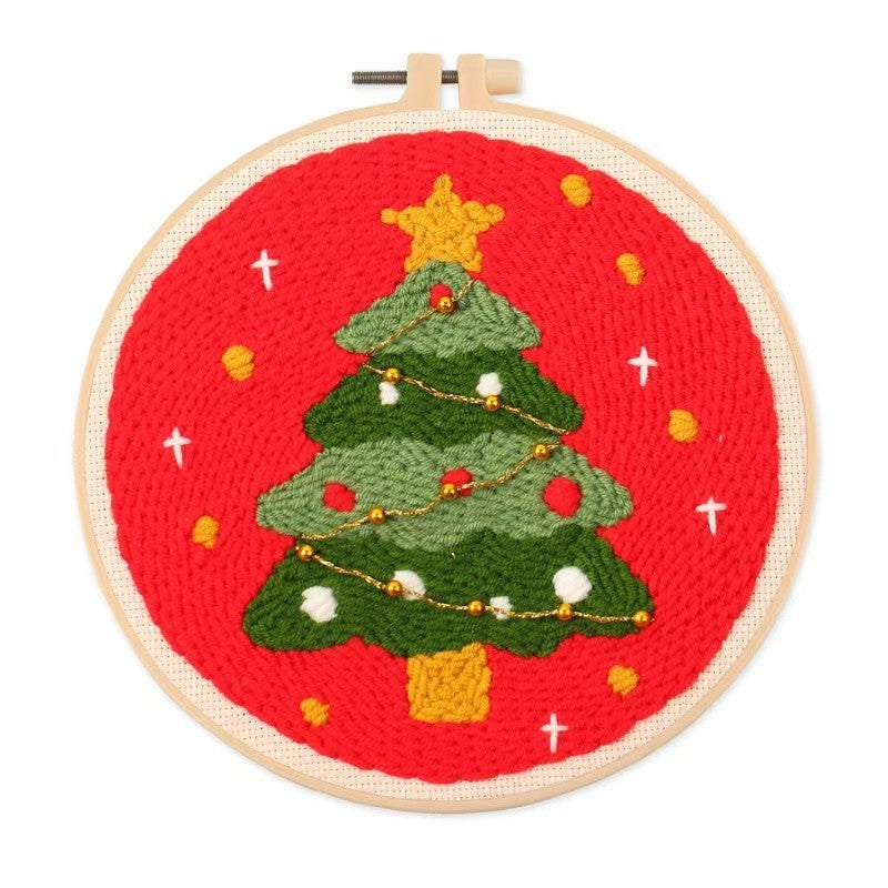 Christmas Punch Needle Embroidery Kit with festive designs including Santa, snowmen, and Christmas tree