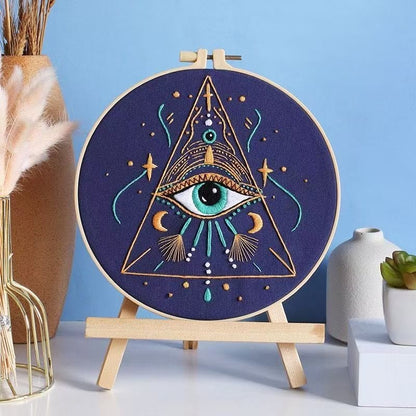 Embroidery hoop with eye design on a stand against a blue background