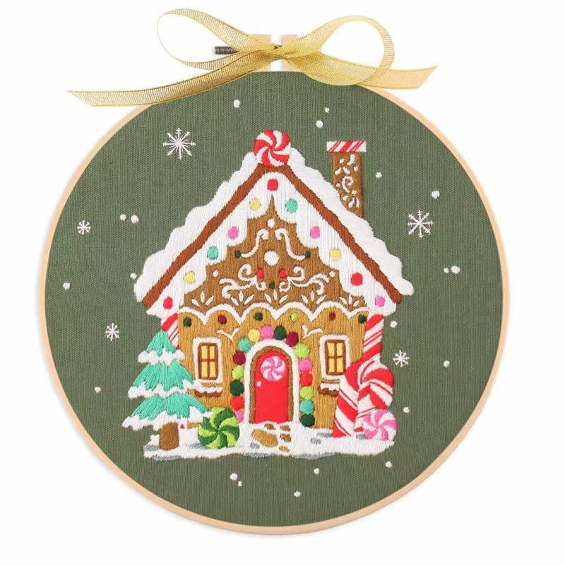 Gingerbread Christmas DIY Hand Embroidery Kit featuring holiday designs