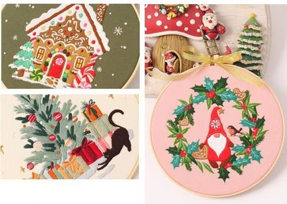 Christmas DIY Hand Embroidery Kit featuring holiday designs, including gingerbread houses, Christmas trees, wreaths, santa and festive kittens