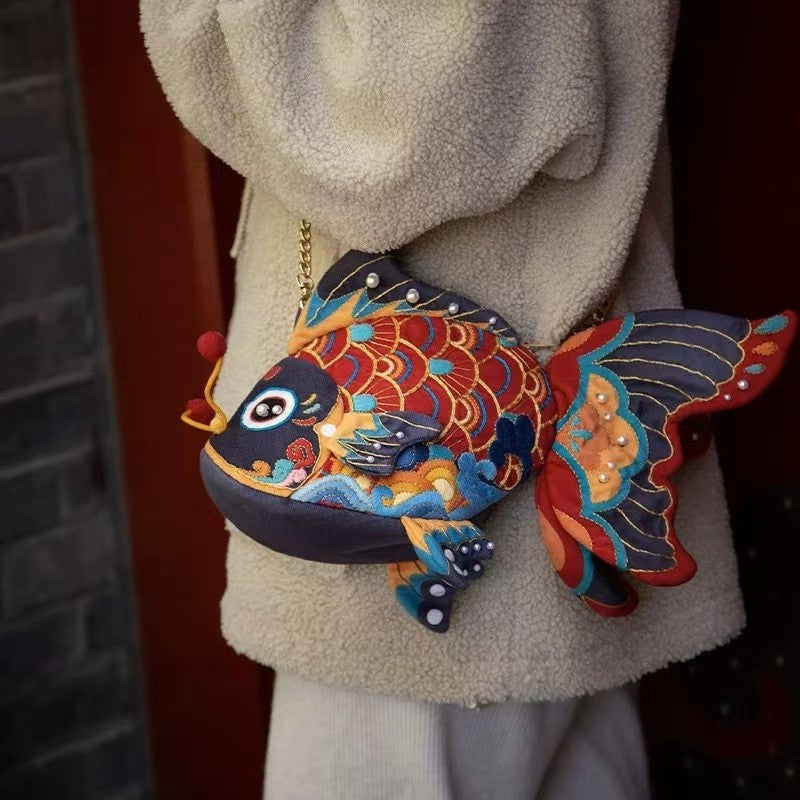 image of the finished Koi Fish Bag Hand Embroidery Kit on the body