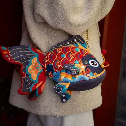 image of the finished Koi Fish Bag Hand Embroidery Kit on the body