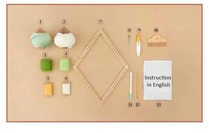 image displaying spread out of Lily Flower Weaving Loom Kit, including loom, yarn, tools and instruction