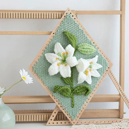 image displaying the finished Lily Flower Weaving Loom Kit against the weaving loom