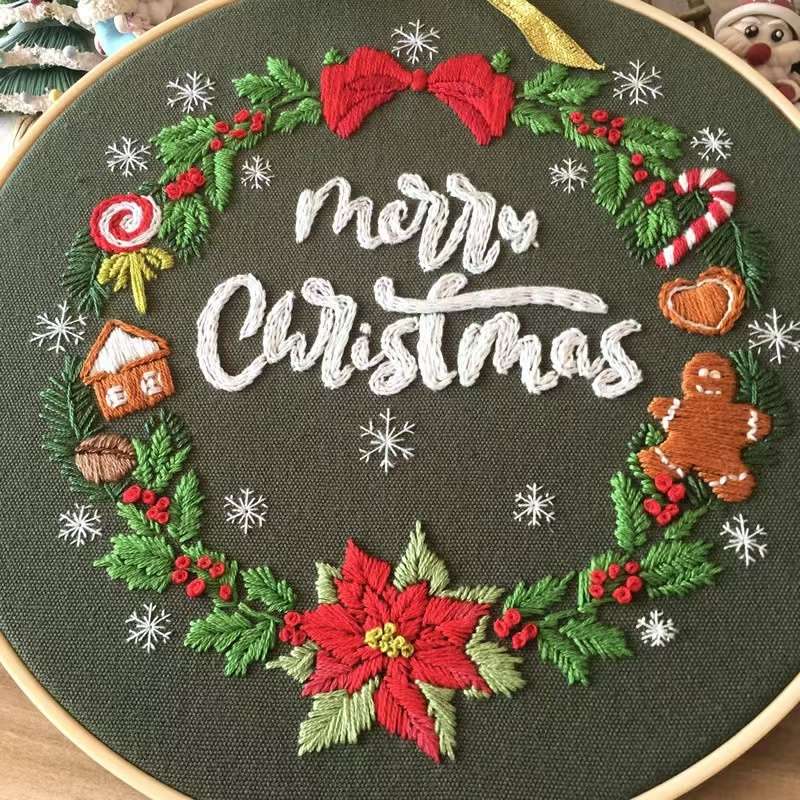 close up the full Merry Christmas DIY Hand Embroidery Kits for beginners, the motifs includes Christmas wreath, snowman, balls