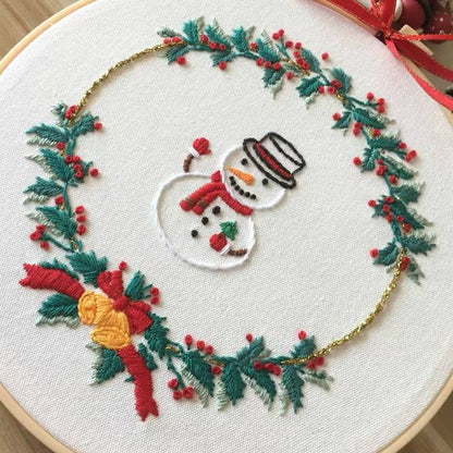 close up the full Merry Christmas DIY Hand Embroidery Kits for beginners, the motifs includes Christmas wreath, snowman, balls