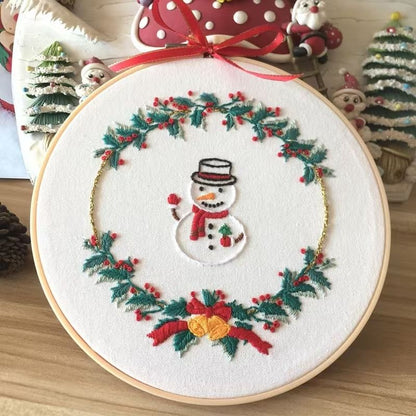 close up the full Merry Christmas DIY Hand Embroidery Kits for beginners, the motifs includes Christmas wreath, snowman, balls