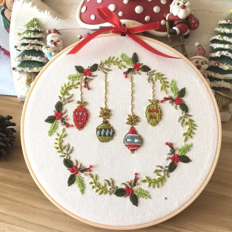 close up the full Merry Christmas DIY Hand Embroidery Kits for beginners, the motifs includes Christmas wreath, snowman, balls