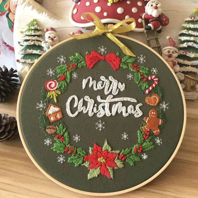 close up the full Merry Christmas DIY Hand Embroidery Kits for beginners, the motifs includes Christmas wreath, snowman, balls