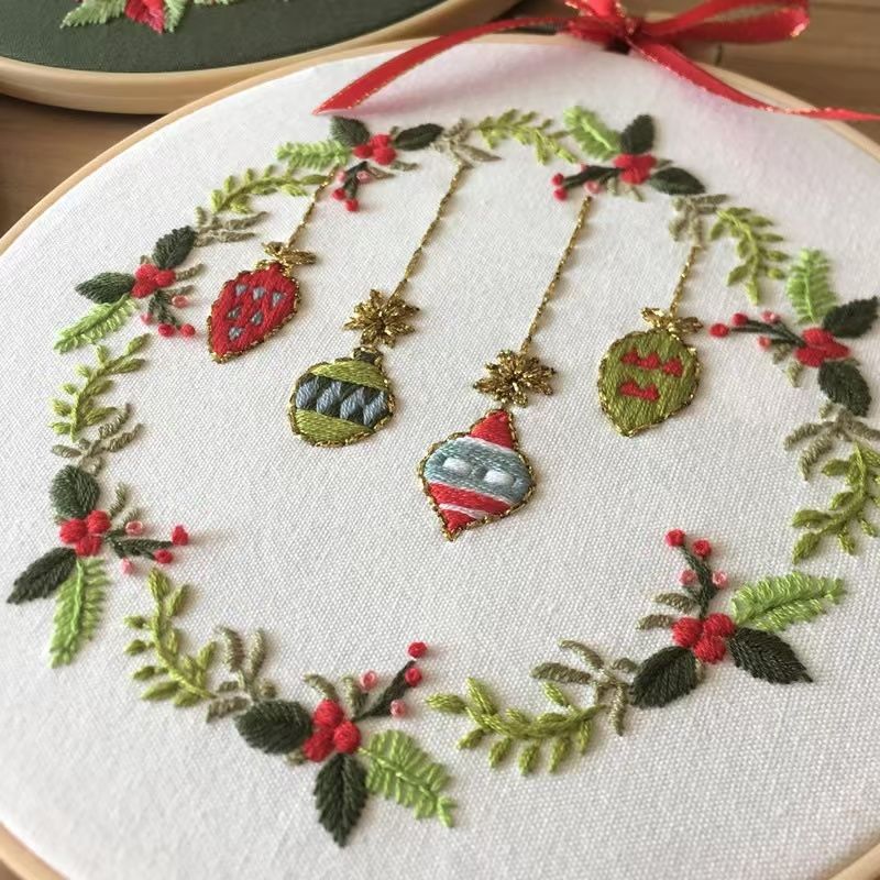 close up the full Merry Christmas DIY Hand Embroidery Kits for beginners, the motifs includes Christmas wreath, snowman, balls