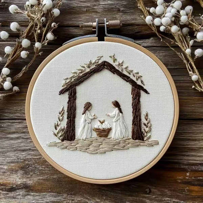 Embroidery hoop with a nativity scene design