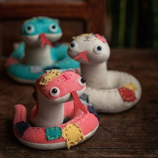 Handmade Cute Snake Good Luck Doll in Pink, Green and white with Embroidery and Patchwork