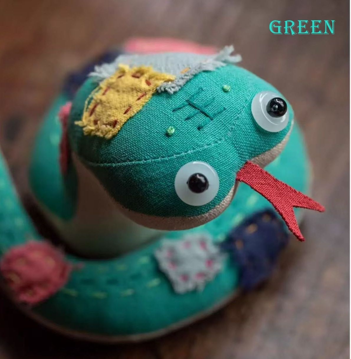 Handmade Cute Snake Good Luck Doll in Green with Embroidery and Patchwork