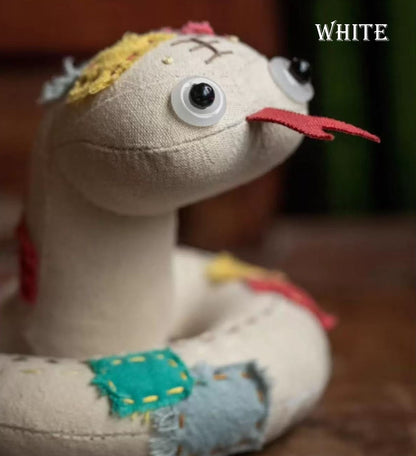 Handmade Cute Snake Good Luck Doll in white with Embroidery and Patchwork