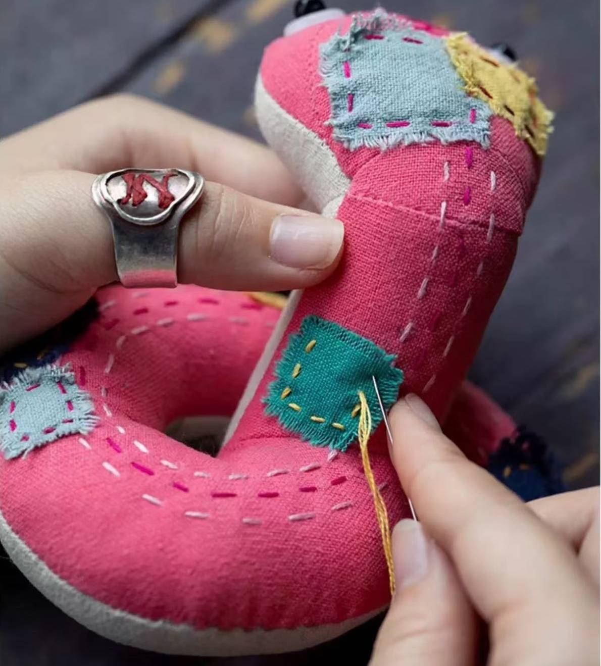 Small Handmade Snake Doll with Patchwork