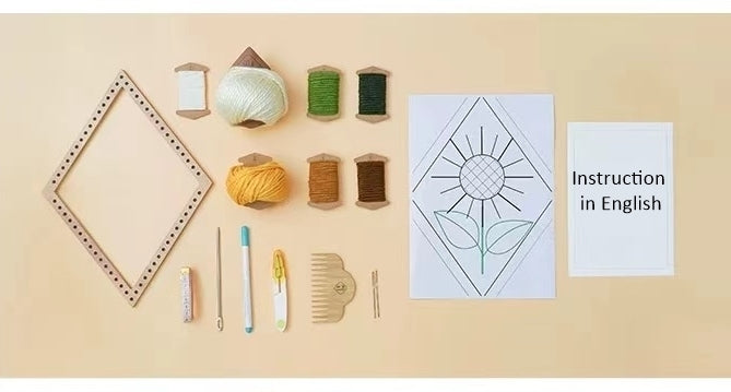 spread out of the finished Sunflower Weaving Loom Kit, including loom, tools, yarns, template and instruction