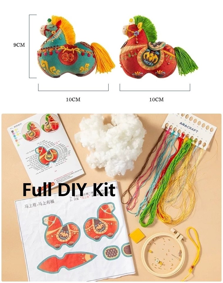 Full DIY kit with embroidered horse designs, threads, and instructions on a wooden surface.