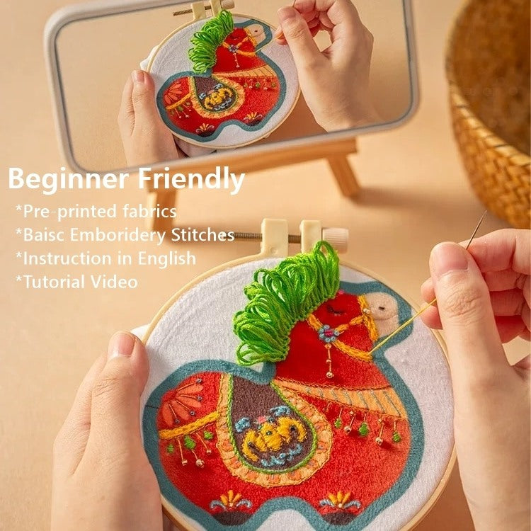 Embroidery hoop with colorful design, hands working on embroidery, and text about beginner-friendly features.