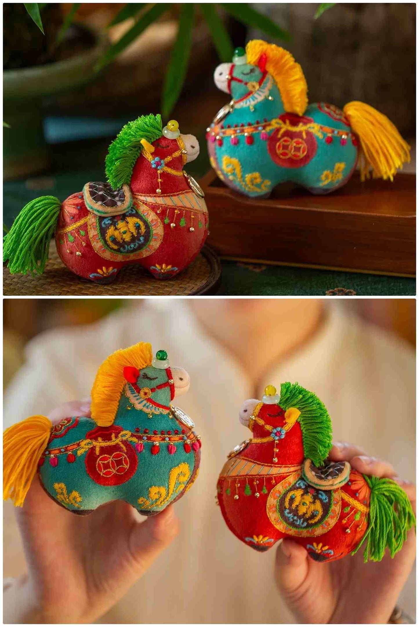 Colorful embroidered horse toys with decorative elements on a wooden surface.