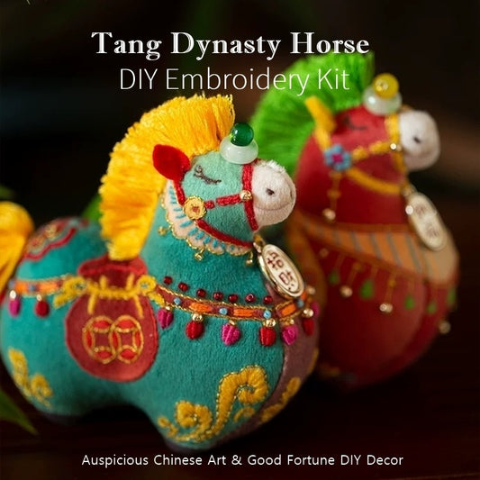 Tang Dynasty Horse DIY Embroidery Kit with colorful horse design on a dark background