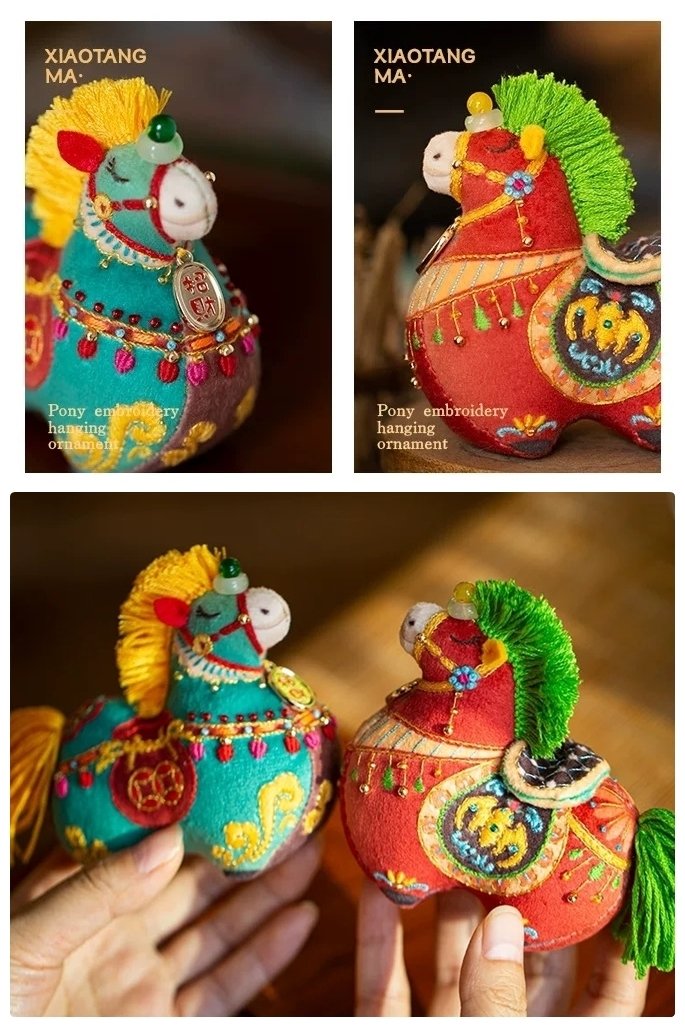 Colorful embroidered pony ornaments with decorative elements on a wooden surface.