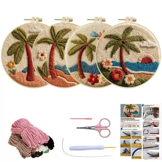 punch needle Embroidery hoops with palm tree designs, yarn, scissors, and a needle
